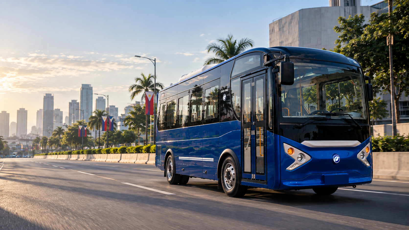 EVO-PRO electric bus operating on a Philippine city boulevard